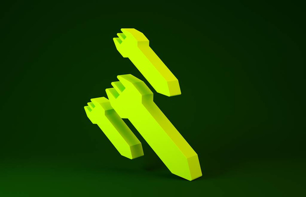 Ícone de foguete amarelo isolado no fundo verde. Conceito de minimalismo. 3D ilustração 3D render
 - Foto, Imagem