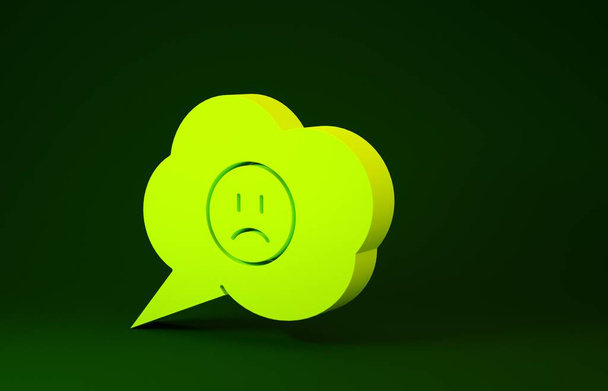 Bolha de fala amarela com ícone de sorriso triste isolado no fundo verde. Cara de Emoticon. Conceito de minimalismo. 3D ilustração 3D render
 - Foto, Imagem
