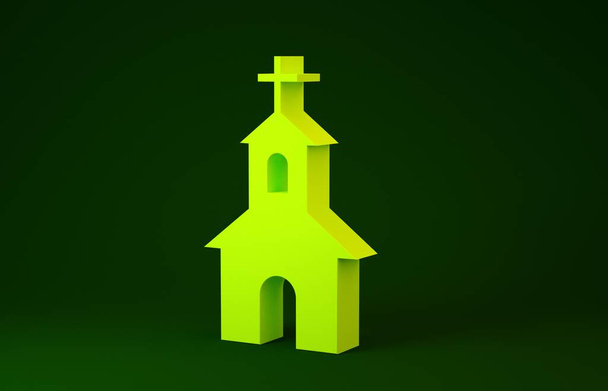 緑の背景に隔離された黄色の教会の建物のアイコン。キリスト教会。教会の宗教。最小限の概念。3Dイラスト3Dレンダリング - 写真・画像
