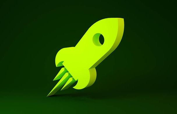 緑色の背景に隔離された火のアイコンを持つ黄色のロケット船。宇宙旅行最小限の概念。3Dイラスト3Dレンダリング - 写真・画像