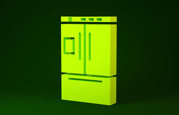 Yeşil arkaplanda sarı buzdolabı simgesi izole edildi. Buzdolabı buzdolabı. Ev aletleri ve aletler. Minimalizm kavramı. 3d illüstrasyon 3B canlandırma - Fotoğraf, Görsel