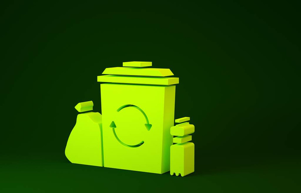 Yellow Recycle bin with recycle symbol icon isolated on green background. Trash can icon. Garbage bin sign. Recycle basket. Minimalism concept. 3d illustration 3D render - Photo, Image