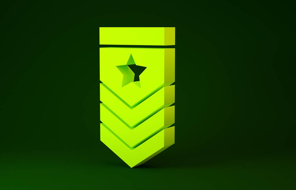 Жовта ікона Chevron ізольована на зеленому тлі. Знак військового значка. Концепція мінімалізму. 3d Illustrated 3d render - Фото, зображення