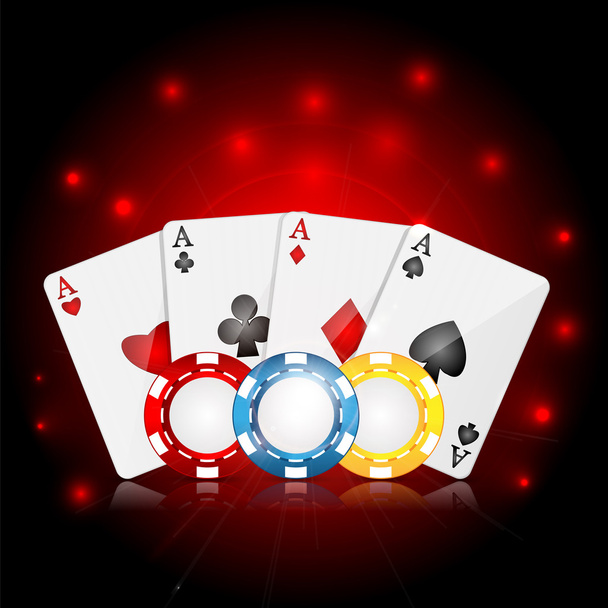 гральні карти і покерні фішки на червоному ігристих фоні.
 - Вектор, зображення
