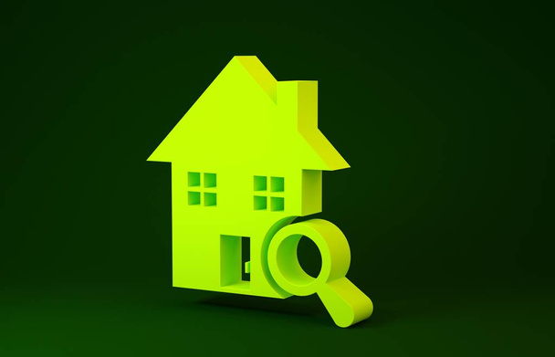 Icono amarillo de la casa de búsqueda aislado sobre fondo verde. Símbolo inmobiliario de una casa bajo lupa. Concepto minimalista. 3D ilustración 3D render - Foto, imagen