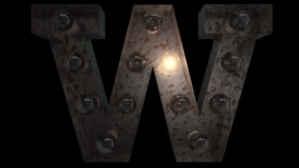 animated rusty steel blinking light bulb letters with 4 light animation loops and  alpha channel W - Footage, Video
