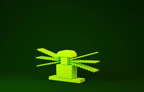 Keltainen Automaattinen kastelu sprinklerit kuvake eristetty vihreällä taustalla. Kastelulaitteet. Puutarhaelementti Suihkupistoolin ikoni. Minimalismin käsite. 3d kuva 3D renderöinti
 - Valokuva, kuva