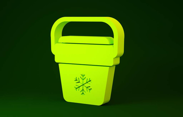 Żółta ikona worka Cooler izolowana na zielonym tle. Przenośna torba z zamrażarką. Ręczna lodówka. Koncepcja minimalizmu. Ilustracja 3d - Zdjęcie, obraz