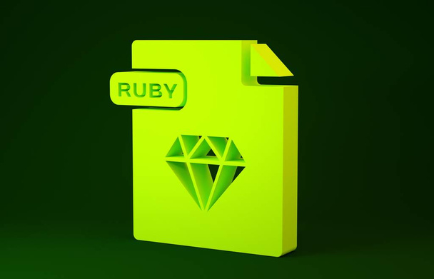 Жовтий документ Рубі. Завантажте кнопку рубіна, ізольовану на зеленому фоні. Символ файлу Рубі. Концепція мінімалізму. 3d Illustrated 3d render - Фото, зображення