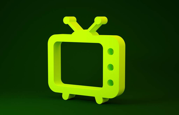 Żółta ikona TV odizolowana na zielonym tle. Znak telewizyjny. Koncepcja minimalizmu. Ilustracja 3d - Zdjęcie, obraz