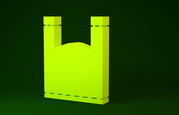 Ícone de saco de plástico amarelo isolado no fundo verde. Placa descartável da proibição do celofane e do polietileno. Conceito de minimalismo. 3D ilustração 3D render
 - Foto, Imagem