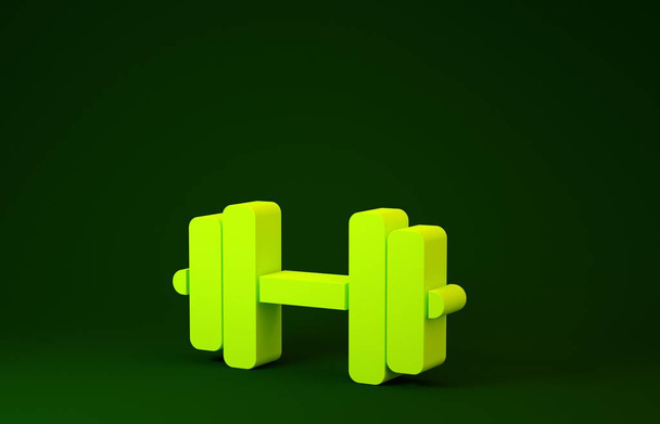 Ікона жовтого дурбака ізольована на зеленому фоні. Ікона піднімання м'язів, дзвін фітнесу, фітнес-ікона, спортивний символ спорядження, дзвін. Концепція мінімалізму. 3d Illustrated 3d render - Фото, зображення