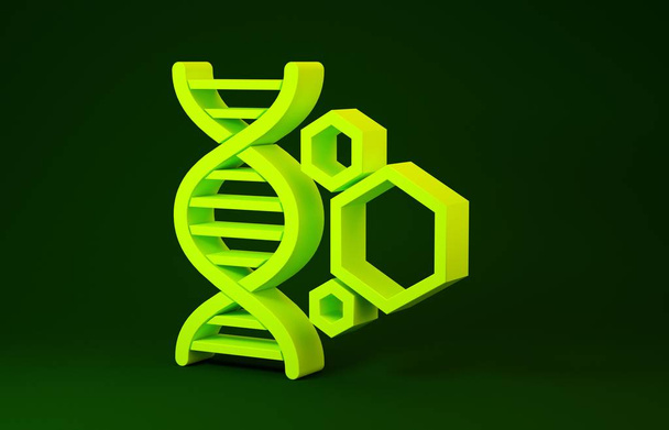 Keltainen geenitekniikan kuvake eristetty vihreällä taustalla. DNA-analyysi, geenitestaus, kloonaus, isyystesti. Minimalismin käsite. 3d kuva 3D renderöinti
 - Valokuva, kuva