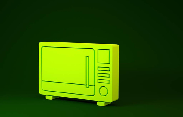 Żółta ikona kuchenki mikrofalowej izolowana na zielonym tle. Ikona urządzeń gospodarstwa domowego. Koncepcja minimalizmu. Ilustracja 3D 3D renderowania - Zdjęcie, obraz