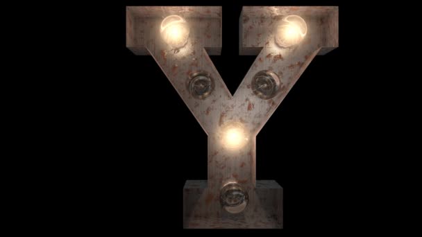 animated rusty steel blinking light bulb letters with 4 light animation loops and  alpha channel Y - Footage, Video