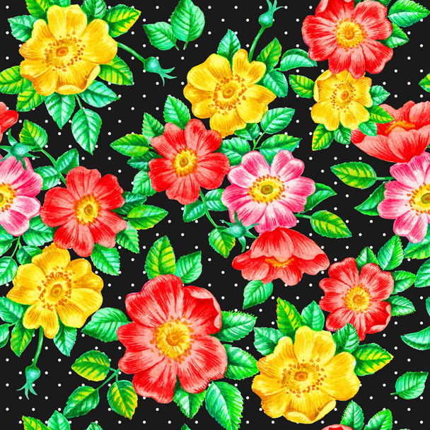 Watercolor hand paint dog rose flowers seamless pattern, template for textile, wallpaper, wrapping paper. - 写真・画像