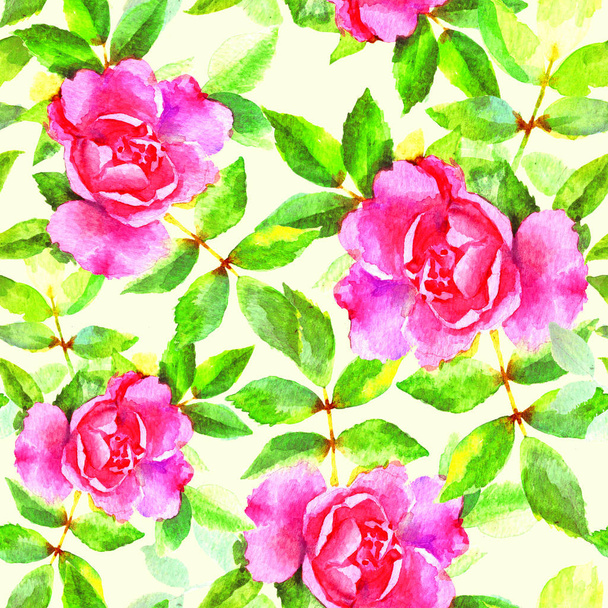 Watercolor hand paint pink roses, raster seamless pattern. Background for web pages, wedding, save the date invitations and cards, fabric texture. - Fotografie, Obrázek