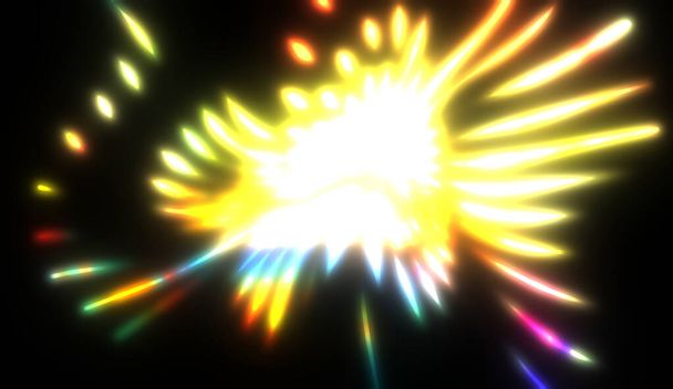 Dynamické paprsky světla izolované na černém pozadí. Grafické 2d ilustrace zářících barevných světelných částic. - Fotografie, Obrázek