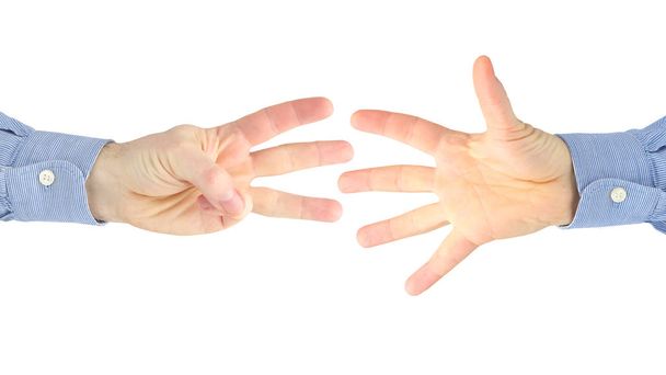 A férfi kéz különböző gesztusai egy fehér Bac - Fotó, kép