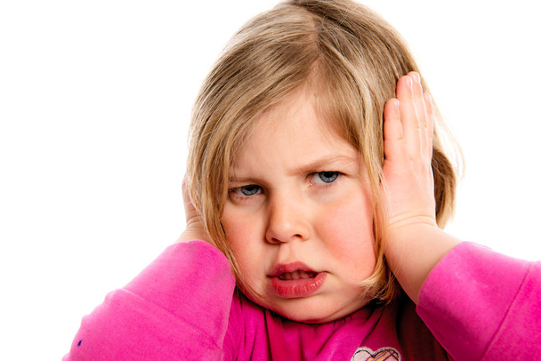 little girl with pain in the head in front of white background - Foto, imagen