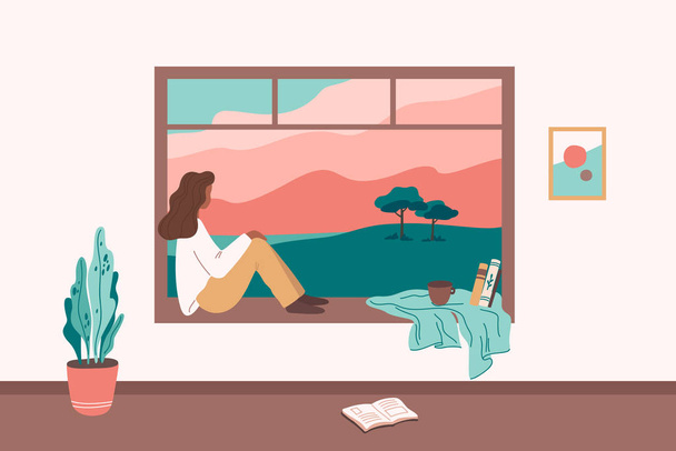 Africká americká dívka sedí u okna, sní, dívá se ven, sleduje západ slunce, pije čaj nebo kávu ploché kreslené kreslené vektorové ilustrace. - Vektor, obrázek