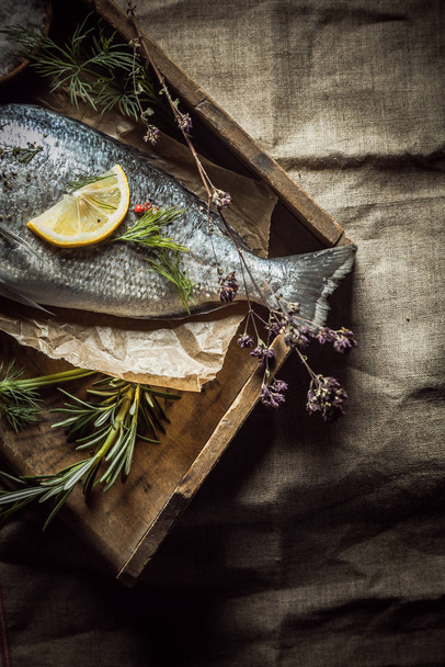 Fresh uncooked whole fish with rosemary and dill lying on crumpled brown paper on an old wooden tray, overhead view with heavy vignetting - Photo, Image