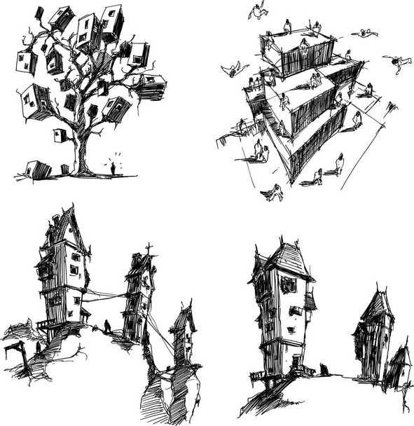 négy kézzel rajzolt építészeti vázlatok egy modern elvont építészet repülő emberek körül, és a régi történelmi kísérteties házak és fantasztikus faház - Vektor, kép