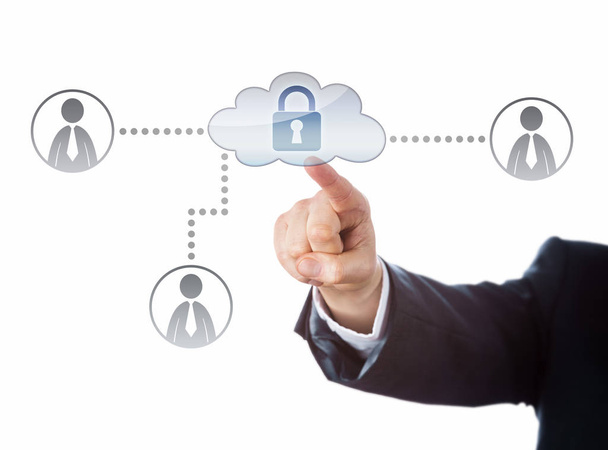 Right arm in business suit reaching out to touch a locked cloud icon in a corporate social network. Technology metaphor for cloud computing security and internet privacy. Cutout isolated on white. - Photo, image