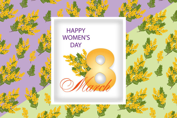 Design with Mimosa for March 8 International Womens Day. Light green and purple background with yellow flowers. Vector - ベクター画像