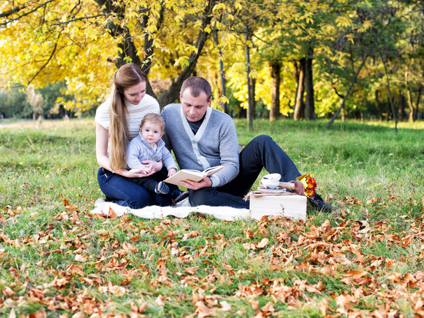 šťastná rodina v podzimním parku čtení knihy - Fotografie, Obrázek