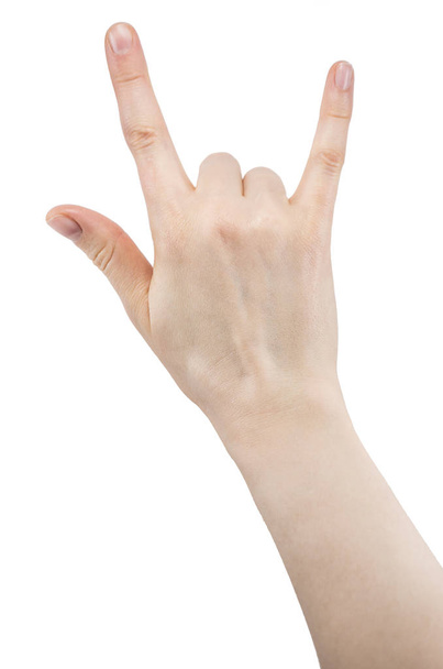 hand with a rock and roll sign, rock music isolated on white background - Foto, Imagem