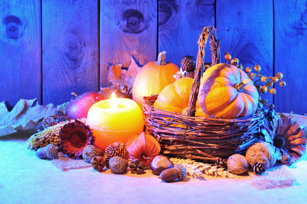 thanksgiving - various squashes,nuts,corn and apple in rattan basket with candlelight in blue evening light\n - Photo, Image