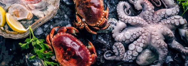 top view of crabs, octopus and oysters with ice and herbs on dark surface   - Foto, afbeelding