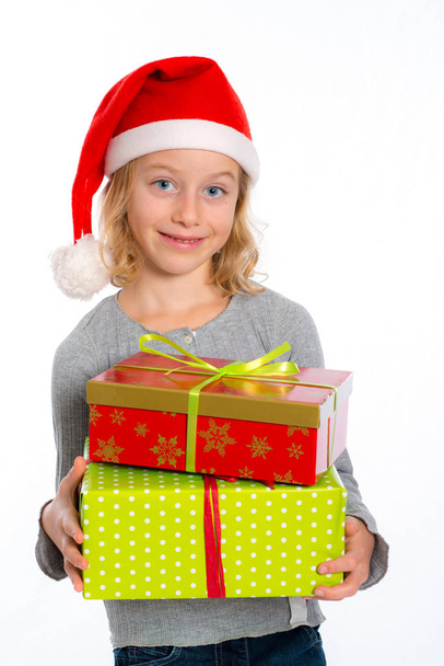 nice girl with Santa- cap and present - Фото, зображення
