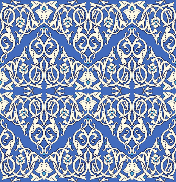 Zökkenőmentes arab díszes etnikai kazah, üzbég, kirgiz, türkmén, közép-ázsiai és arab iszlám vektor damaszt dekoratív minta, damaszt díszített boho stílusú vintage minta kék színekben egyedi design és nyomtatás. - Vektor, kép