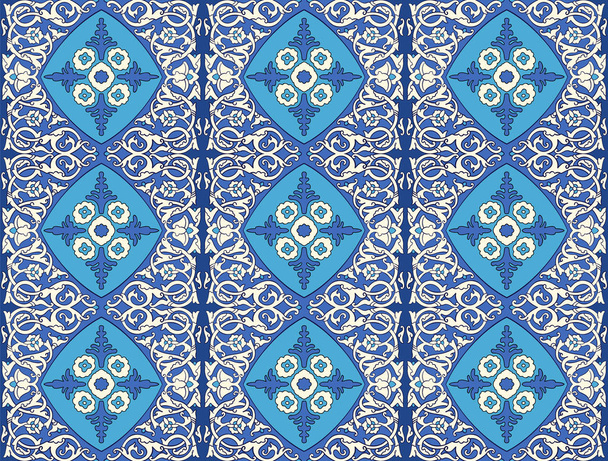 Seamless arabesque ornate ethnic Kazakh, Uzbek, Kyrgyz, Turkmen, Middle Asian and arabian islamic vector damask decorative pattern, damask ornate boho style vintage pattern in blue, turquoise colors.  - Vector, Image