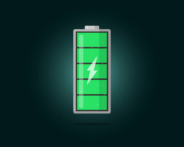 High electric power green battery charged energy indicator with lightning icon. Full battery indicating cylinder symbol. Vector accumulator energy level load illustration - Vector, Image