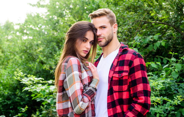 Summer vacation. Fall in love. Pure feelings. Romantic date concept. Beautiful people. Happy together. Couple in love. Enjoying intimacy. Cuddling with darling. Man hipster and pretty woman in love - Photo, Image