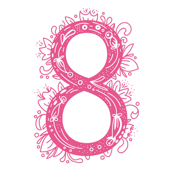 Osiem różowy w stylu doodle z kwiatami. Odizolowany na białym grzbiecie - Wektor, obraz