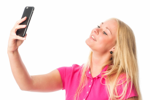 blonde girl makes a selfie - Foto, Imagem