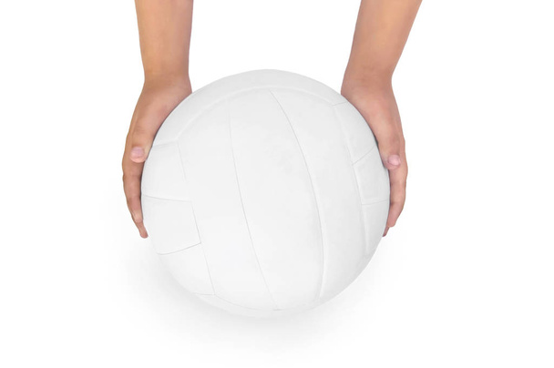 White volleyball ball in his hands isolated on white background - Fotó, kép