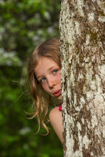 a blond girl looks out from behind a tree - Fotografie, Obrázek