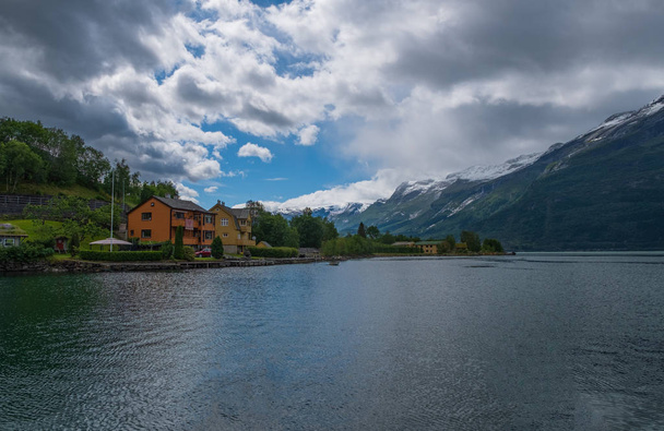 Norway fiord Ullensvang village - part of Hardanger Fjord called Sorfjord. Morning view. July 2019 - Foto, immagini