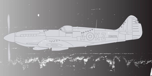 Un avión de combate Spitfire Mark XIV de la Segunda Guerra Mundial de la Supermarina que regresa de la patrulla con un flack y un dmage de ametralladora con una superposición de grunge
 - Foto, Imagen
