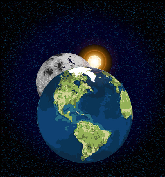 Maa ja kuu, joissa on planeettojen välinen auringonnousu mustan tähden yläpuolella, arkistoitu tausta - Valokuva, kuva