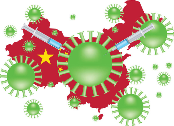Медичні шприци застрягли в коронавірусі на тлі мапи Китаю. Епідемія коронавірусу 2019 року. - Вектор, зображення