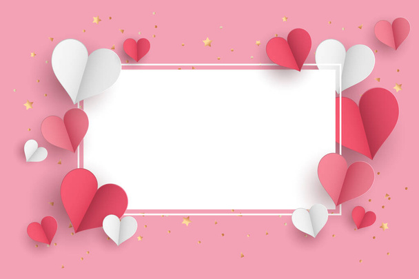 Hintergrund des Valentinstags-Konzepts. 3D rote und rosa Papierherzen mit weißem quadratischen Rahmen. niedliche Liebe Verkauf Banner oder Grußkarte - Vektor, Bild