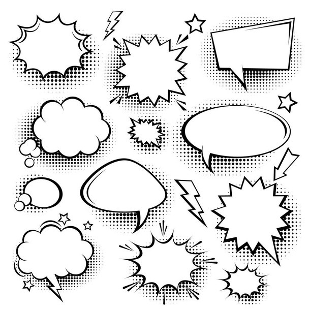 Collection of empty comic speech bubbles with halftone shadows. Hand drawn retro cartoon stickers. Pop art style. Vector illustration. - Vector, Image