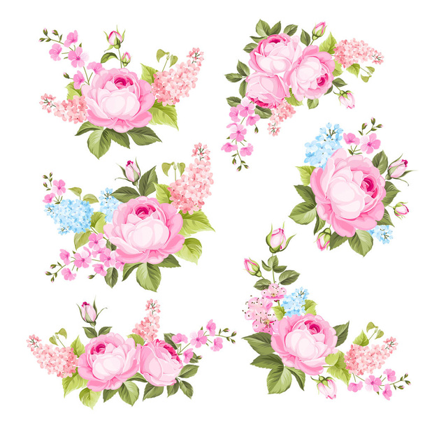 Primavera rosa e flores lilás buquê de grinalda cor broto. Etiqueta com rosa e flores lilás. Pintura natural desenhada à mão. Elementos de design floral
. - Vetor, Imagem