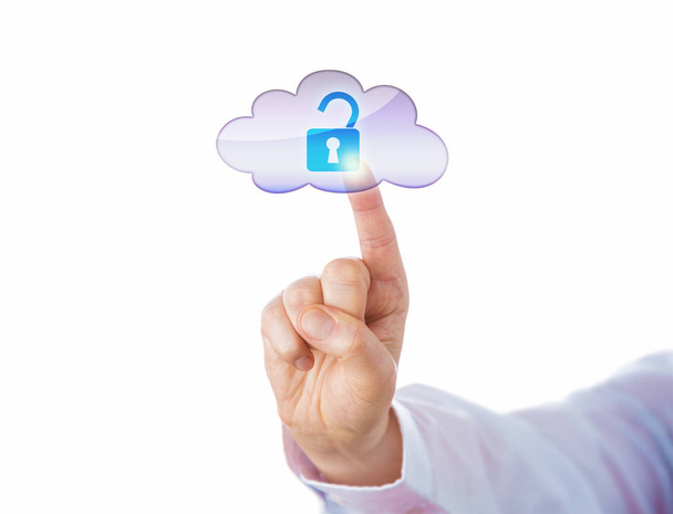 Cutout of index finger unlocking a virtual lock icon in the cloud by touch. Technology concept for cloud computing, information access and cyber security. Close up shot isolated on white background. - 写真・画像
